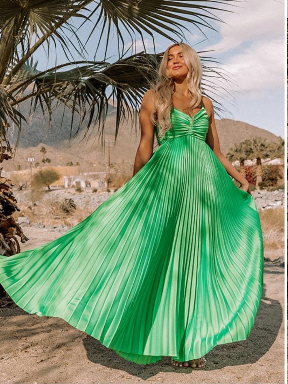 Ruched Spaghetti-Strap Green Pleated Maxi Dress
